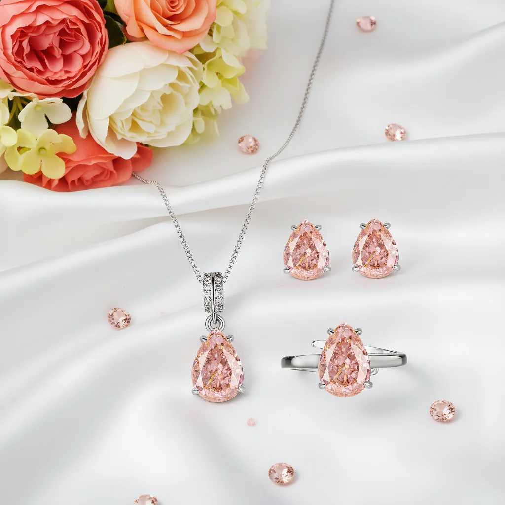 4pcs Elegant Vintage Jewelry Set for Women Pink Gem Droplet Shape Necklace Shiny Crystal Choker Bridal Wedding Earrings Party