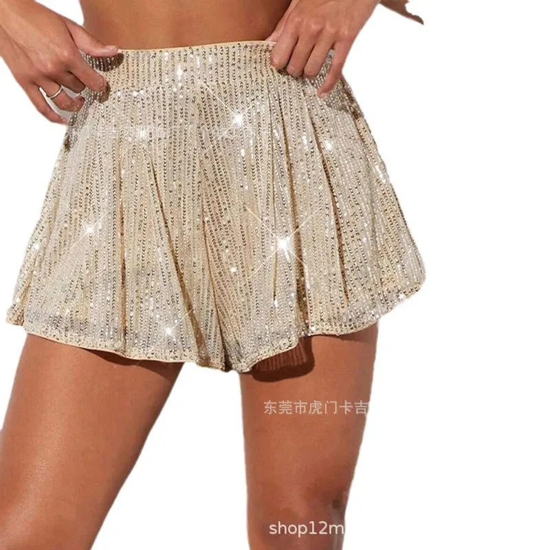 المرأة الترتر قصيرة 2026 جديد مرونة عالية الخصر السراويل موضة بلون تألق الخرز نادي الحفلات سراويل قصيرة الملابس النسائية