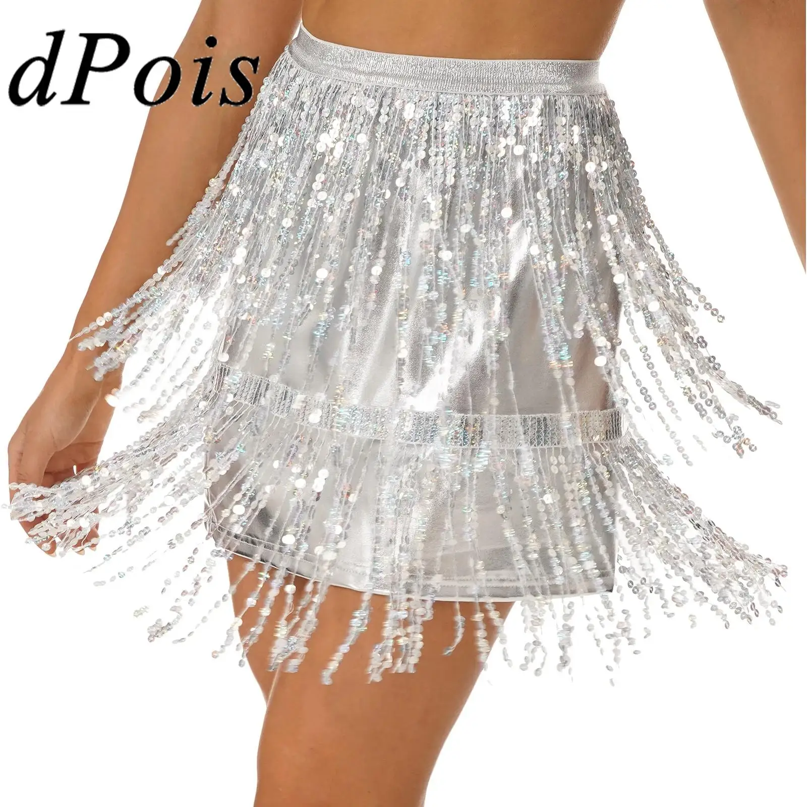 

Womens Sparkly Sequin Tassel Skirt Latin Dance Performance Costume Clubwear Elastic Waistband Patent Leather Fringed Skirts