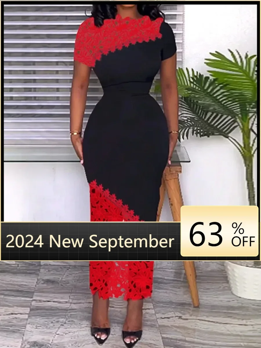 

Red Lace Bodycon Dresses for Women O Neck Short Sleeve High Waist Package Hip Midi Evening Birthday Party Outfits 2024 New