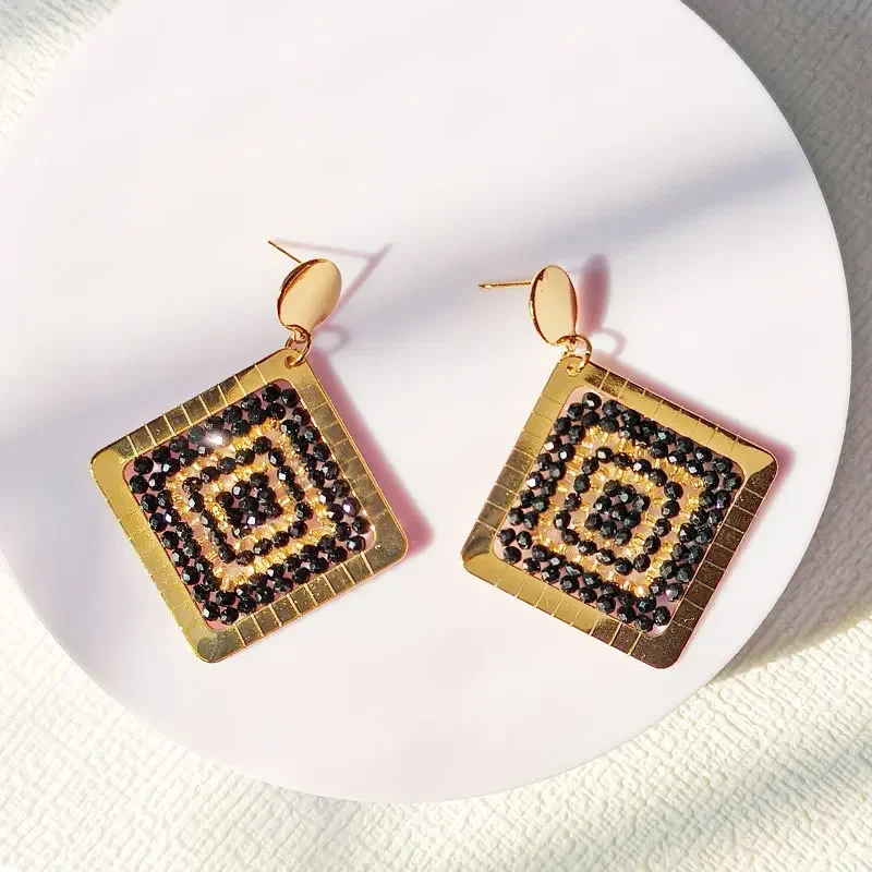 Beaded earrings Quadrate Crystal Originality Design Hand knitting Bohemia Alloy Tide Simple Female Versatile Rice bead earrings