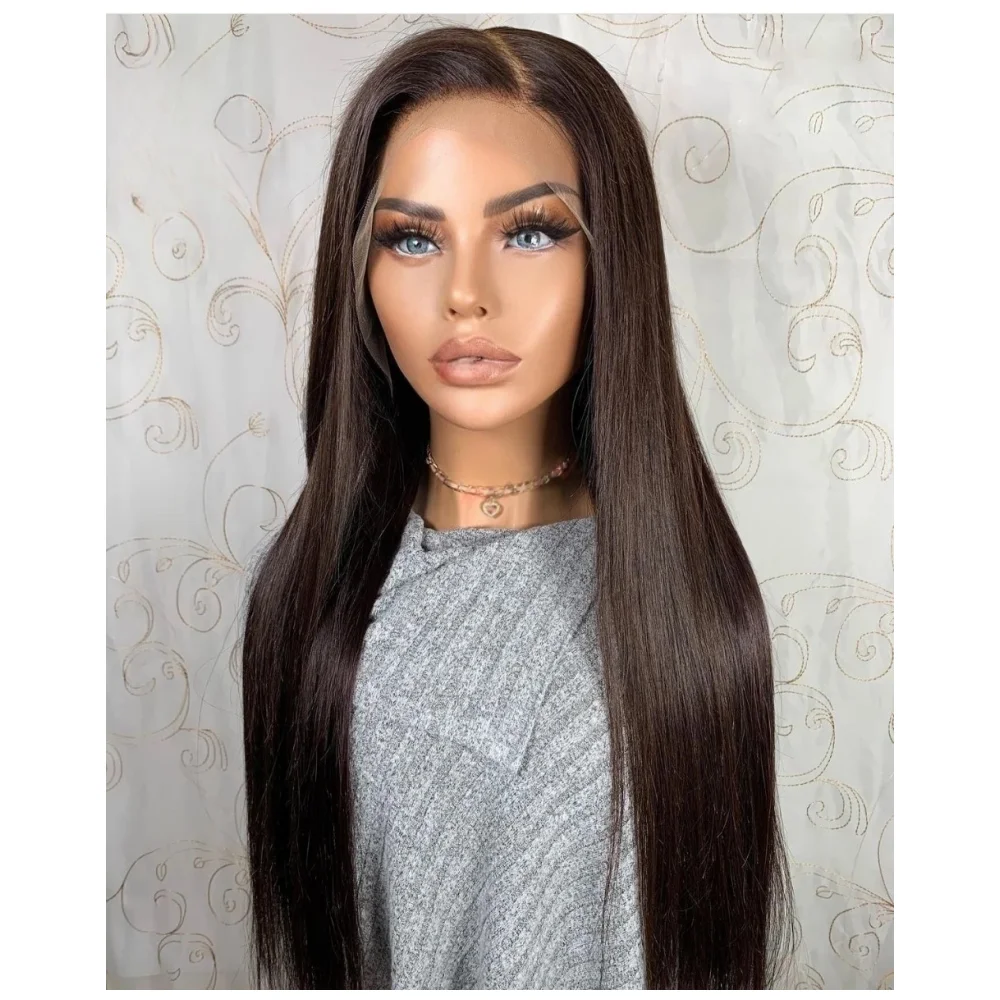 

Long 26Inch Brown 200Density Glueless Straight Lace 5x5 Silk Base Human Hair Wig For Women BabyHair Preplucked