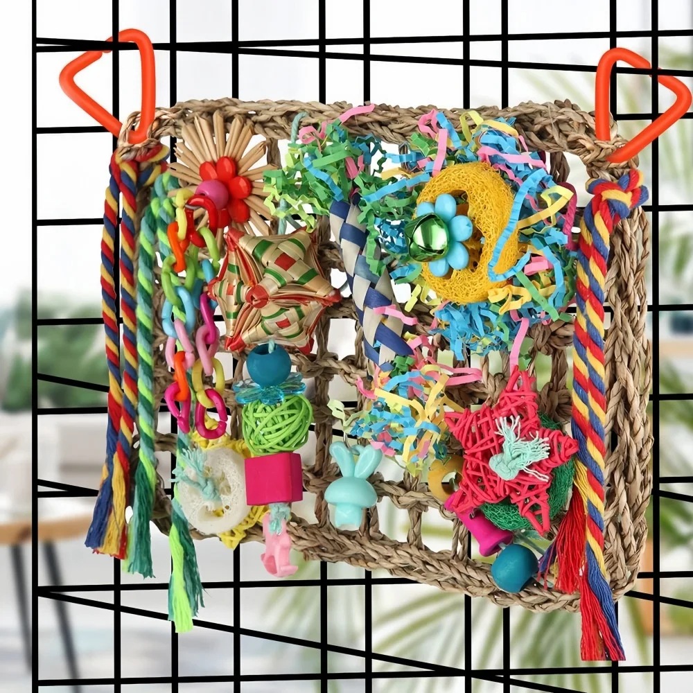 Natural Seagrass Parrot Foraging Climbing Wall Mat Chew Toy Hanging Bird Hammock Activity Center for Conure Cockatiel Parakeet - view 3