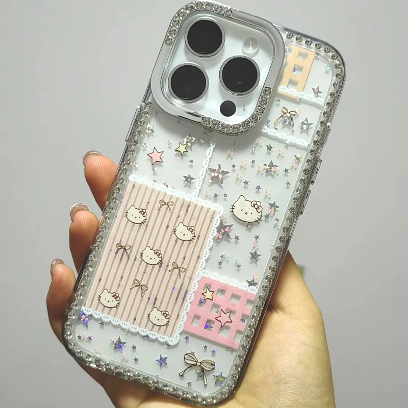 

Стильный чехол для телефона с рисунком «Hello Kitty» для iPhone 13 16 15 14 Pro Max с бриллиантовым бантом и цветком, защитные блестящие чехлы для камеры