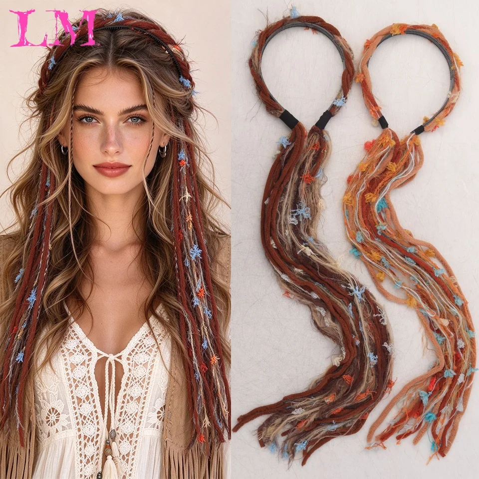 LM Synthetic Headband Hair Extensions Braided Headband with Colorful Tassel Handmade Faux Locs Hair Band Accessory Women Festiva