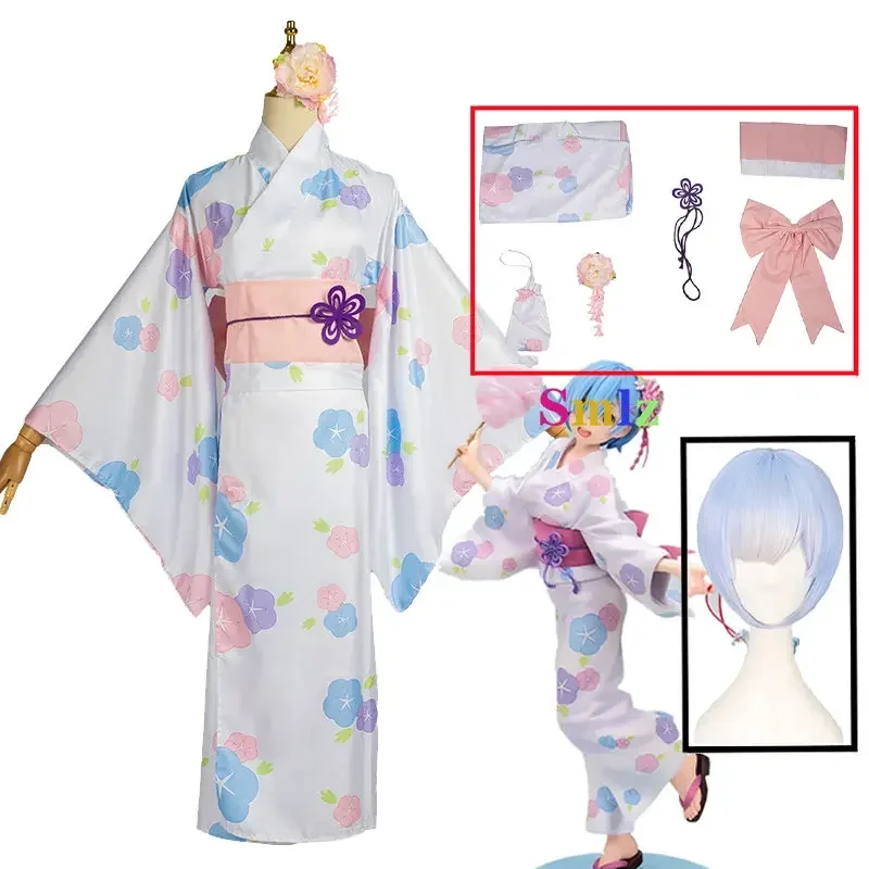 Ram Cosplay Anime Re:Zero Kara Hajimeru Isekai Seikatsu Costume Japanese Woman Rem Kimono Dress Wig Set MN4