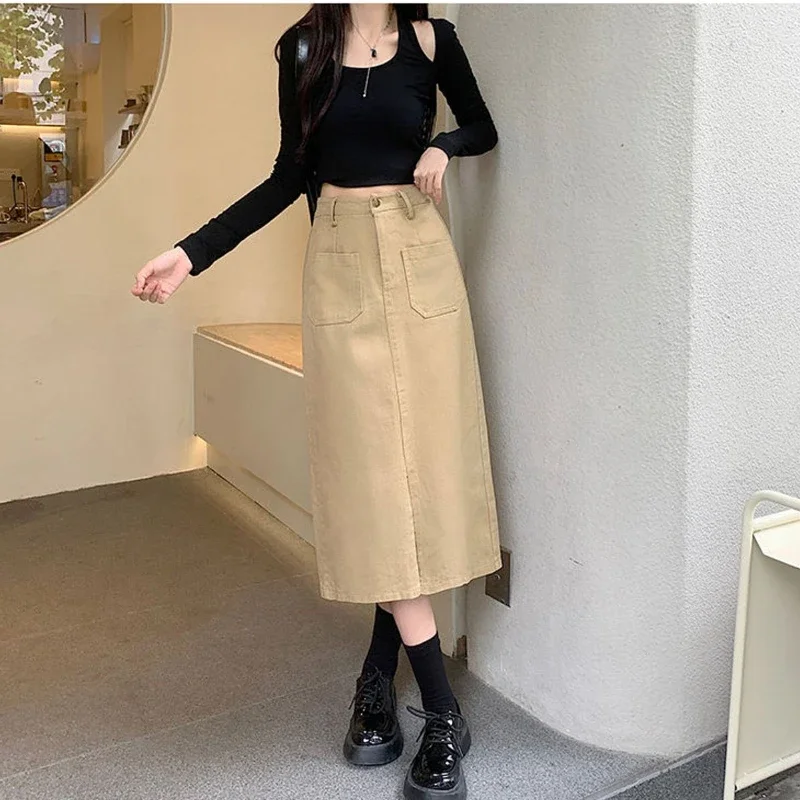 Korean Slim Fit Cargo Long Skirt Women Fashion with Belt High Waist Split Straight Skirt Woman All-Match Pockets Midi Faldas New