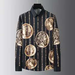 Vintage Printed Shirt for Men Brand Clothing Long Sleeve Slim Fit Casual Shirts Autumn Versatile Busines Social Streetwear Tops