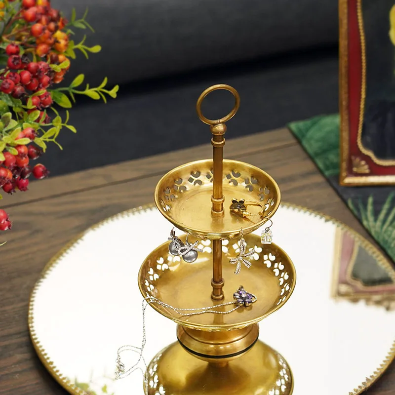 Brass handmade retro double-layer fruit plate storage plate jewelry plate home decoration ornament Chinese ancient style