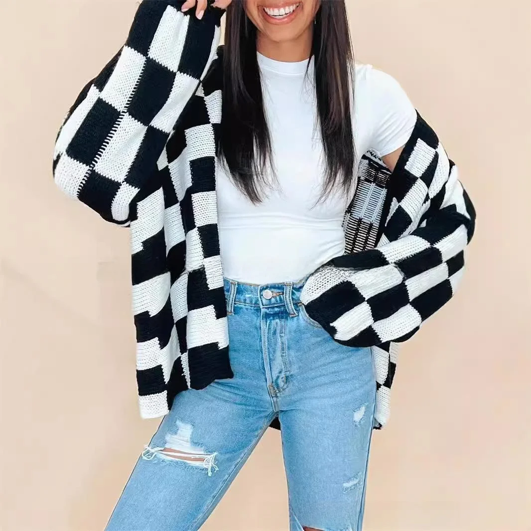

Plaid Knitted Cardigan Jaet Spliced Sweater Long Sve Mid-Length Polyester Fiber Women's Autumn Faion Open-irt Sle