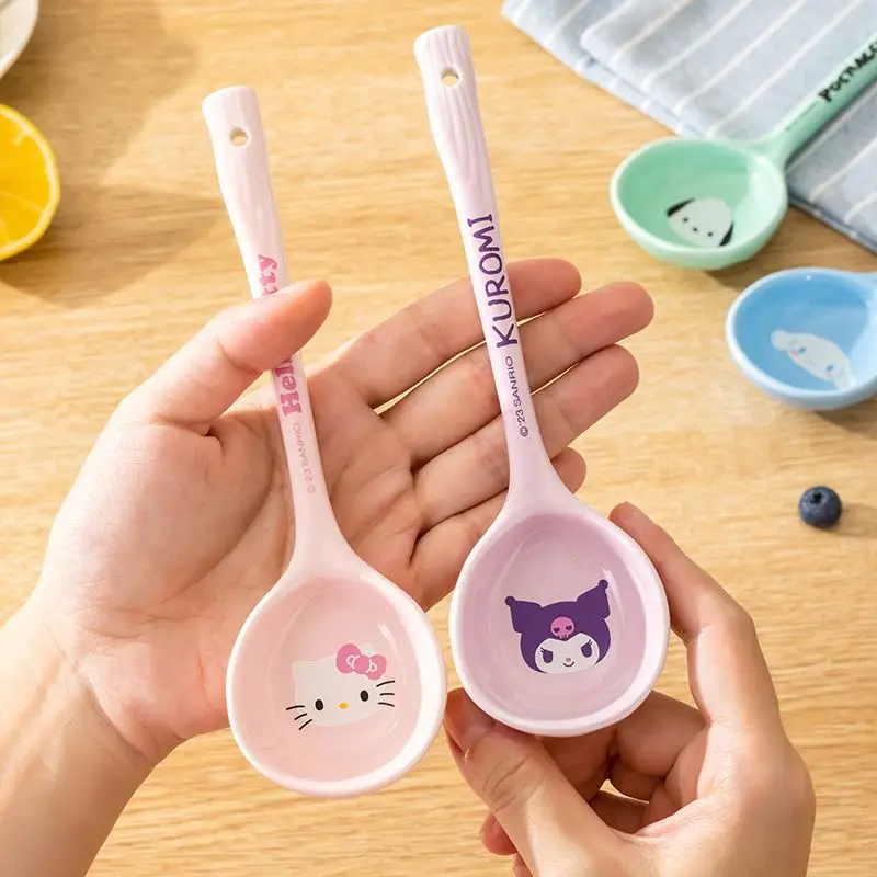 Kawaii Sanrio HelloKitty Kuromi My Melody Ceramic Long Handle Soup Spoon Dessert Spoon Anime Cartoon Cute Holiday Gifts