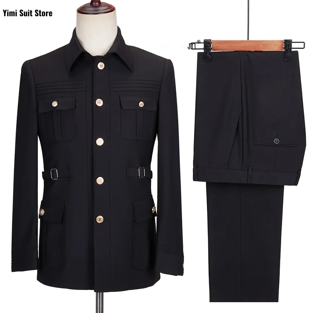 Traje de un solo pecho para hombre, abrigo informal Formal de negocios, pantalones, conjunto de 2 piezas, chaqueta y pantalones con múltiples hebillas de ajuste clásico, color negro, nueva moda