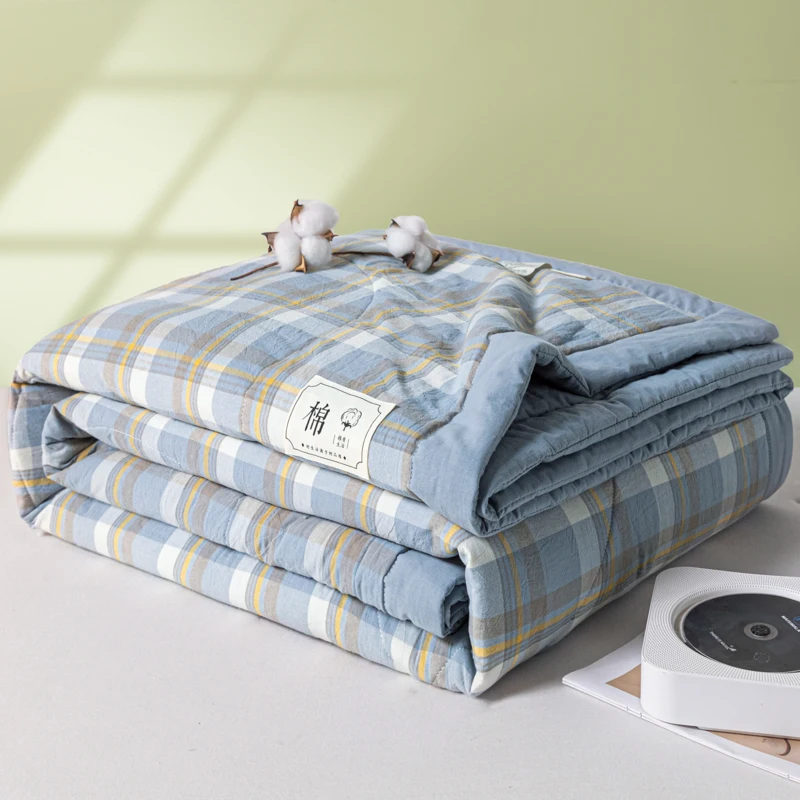 

Новинка 2023 года, японское стеганое летнее одеяло из 100% хлопка, легкое дышащее моющееся роскошное тонкое одеяло в клетку