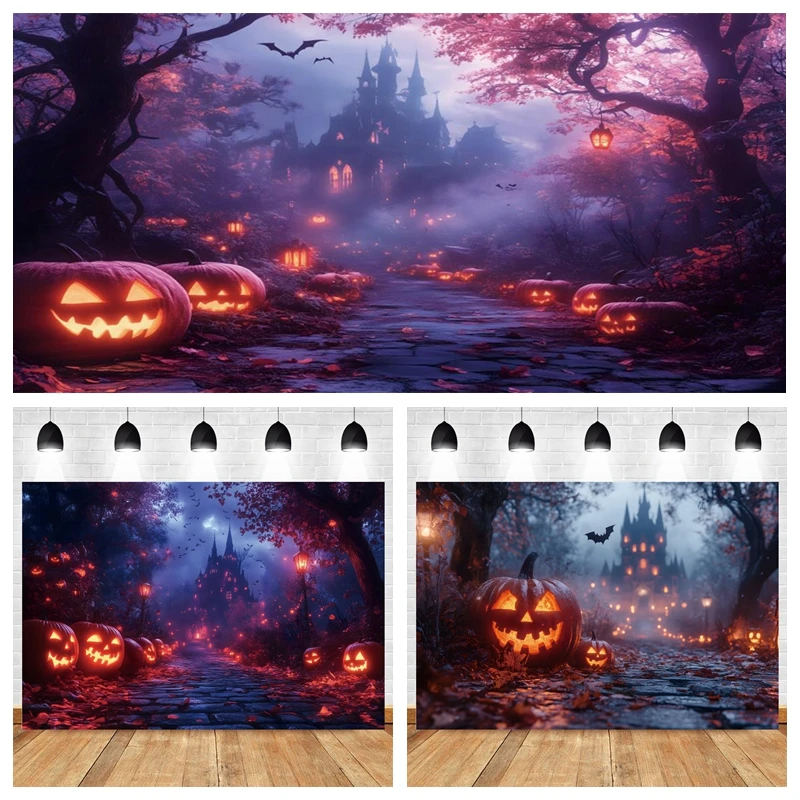 

Happy Halloween Backdrop Jack-o-lantern Bat Foreat Castle Photography Background Baby Photo Photographic Party Photo Studio Prop