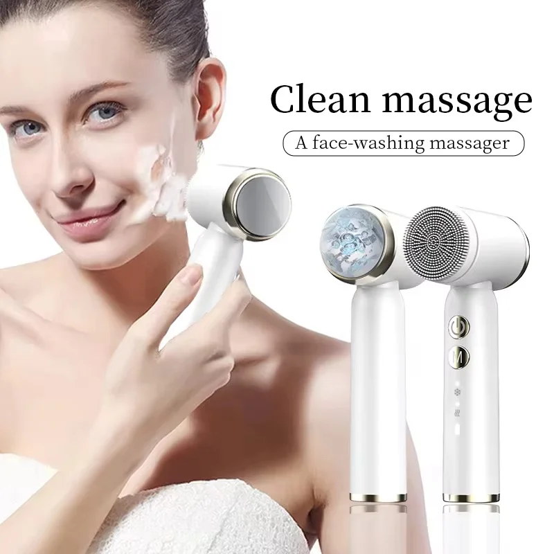 Lavagem facial elétrica de silicone, limpador doméstico ultrassônico, limpeza de poros faciais, escova de limpeza multifuncional fria e quente