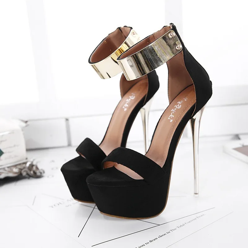 Sandales à talons hauts pour femmes avec bride de cheville métallique, sexy, 16 cm, chaussures de soirée à bout ouvert, chaussures de club, chaussures de strip-teaseuse, chaussures à plateforme pour femmes