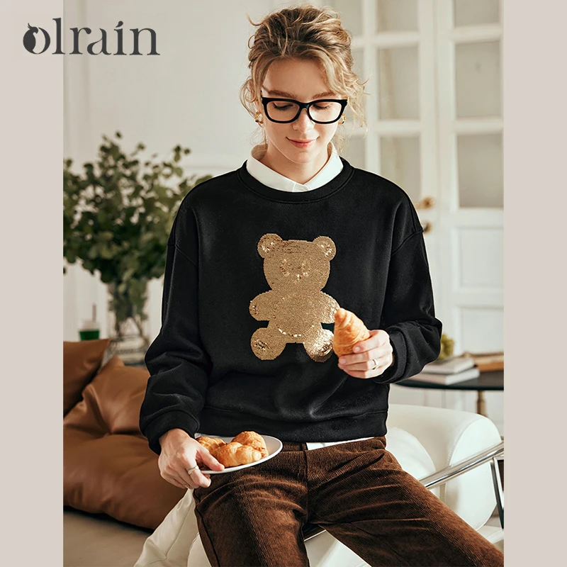 

OLrain Women's Cartoon Sweatshirts 2026 Spring Autumn Casual Cute Pullover Sequins Long Sleeve Tops Female Clothing O21DR60202