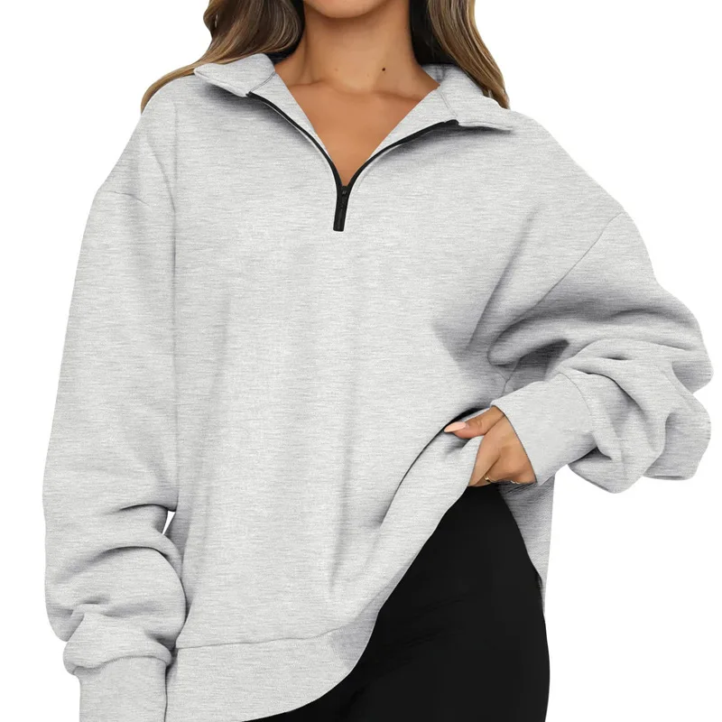 Women's Sweatshirts Neutral Wind Long Sleeve Loose Turn Down Zipper Collar Outwear Casual Streetwear for Autumn and Winter