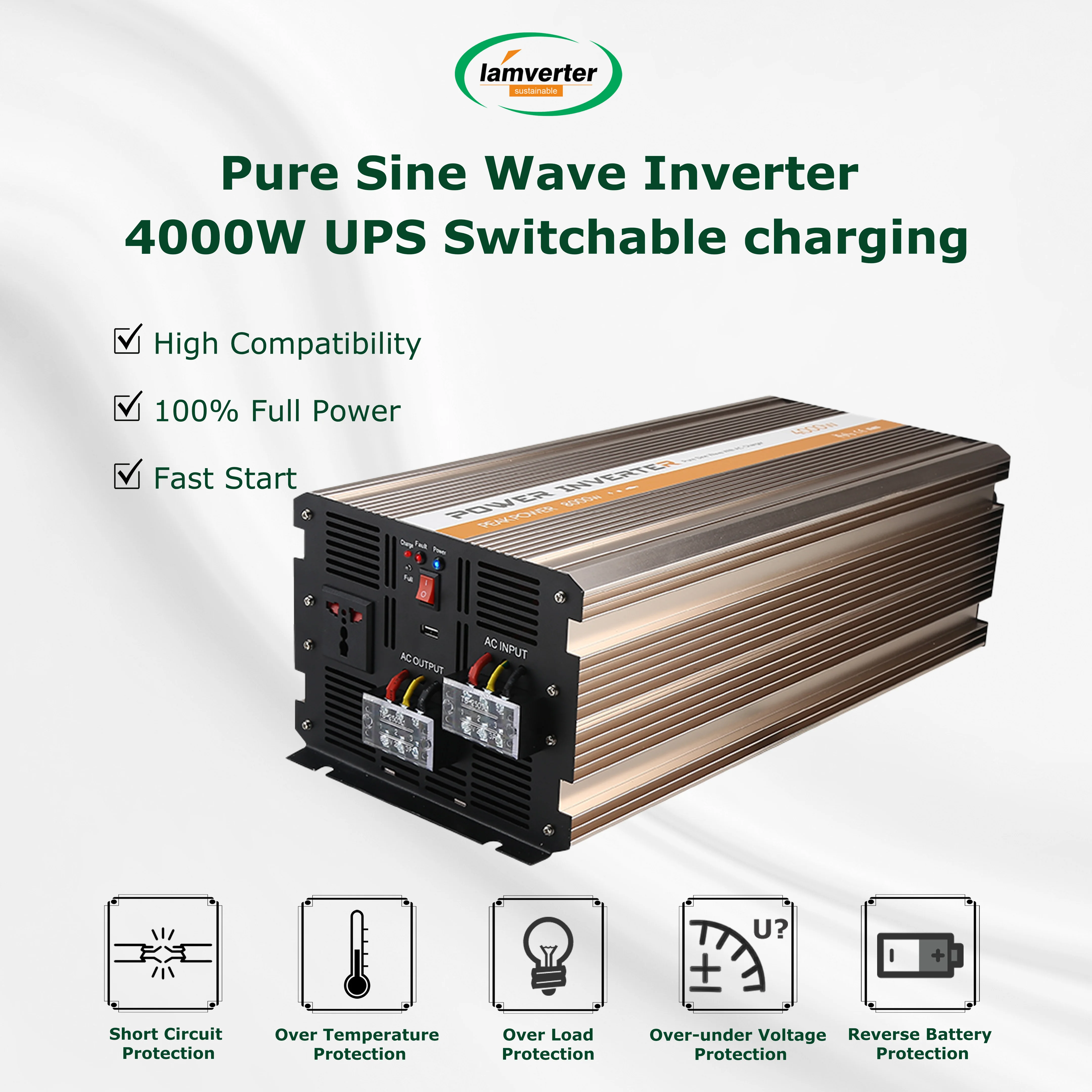 High quality 4000W Pure Sine Wave Power Inverter Home 12V 24V 48V Dc To Ac 110V 220V factory price UPS inverter with charger