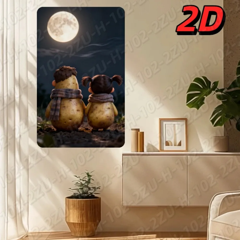 

Aluminum Cute Potato Couple Wall Art, Moonlight Night Home Decor Metal Sign