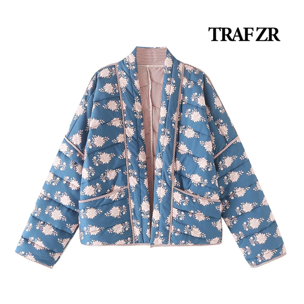 TRAF ZR Relaxation Lady Padded Cost Floral Print Padded Quilting Loose Cardigan Jacket Women High Street Long Sleeve Outer Top