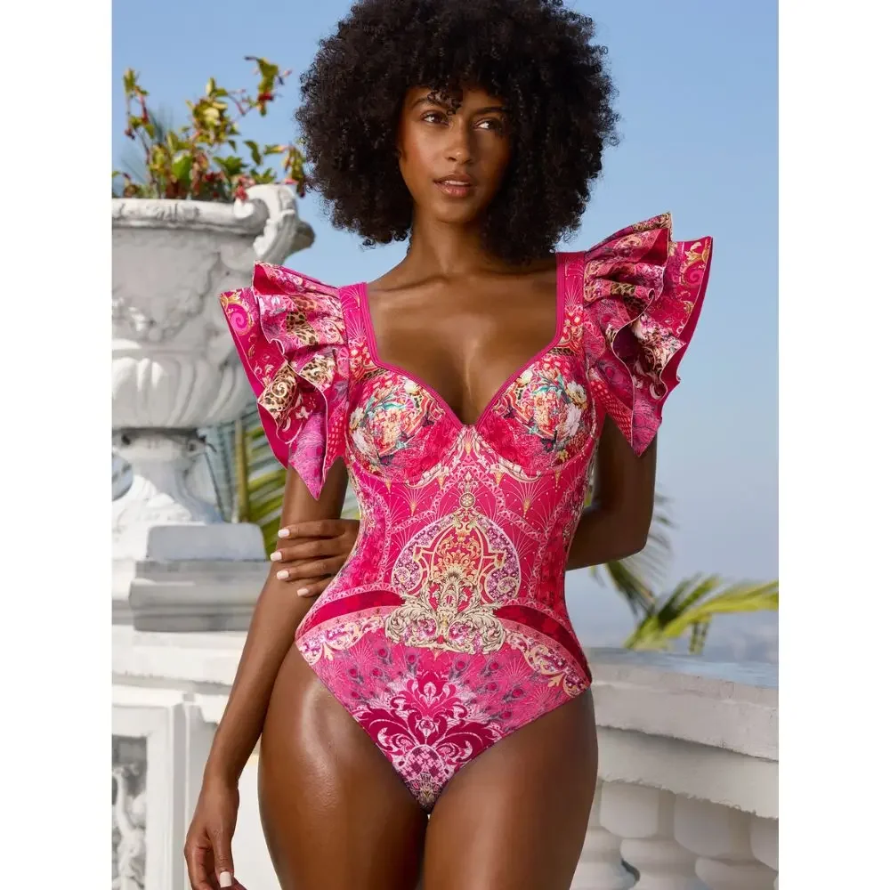 Flachs maker gekräuselt Rose rot blühenden Blumen druck einteiligen Badeanzug und Rock Frauen Beach wear Luxus Badeanzug