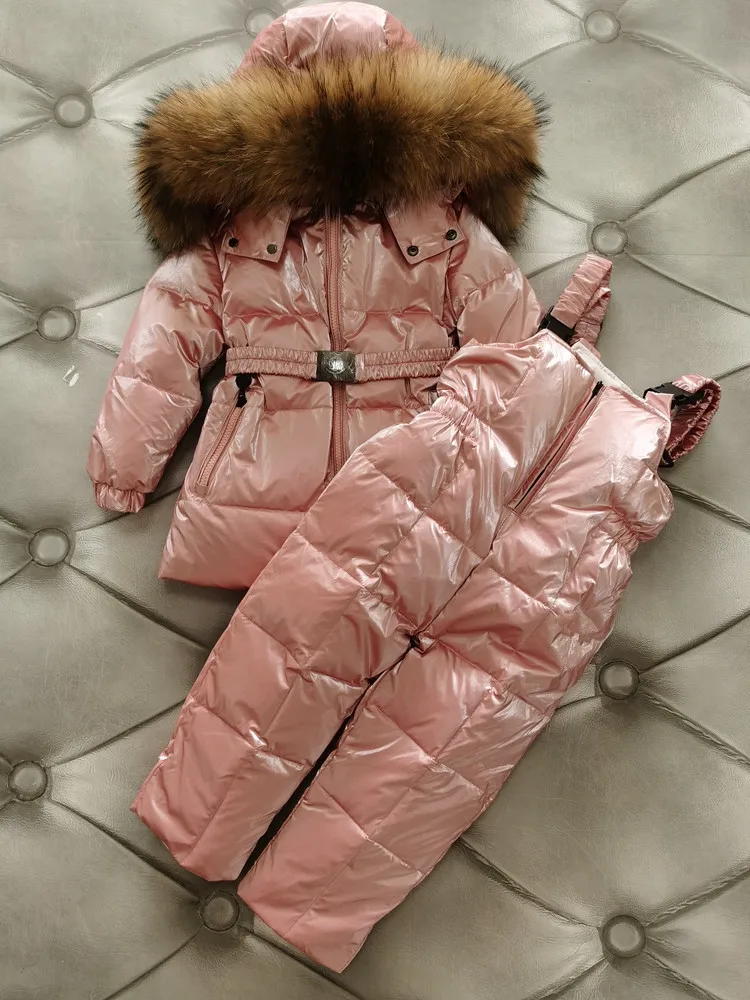 Winter European American Children\'s Down Jacket Kids Winter Clothes Set with Thickened Real Fur Collar Warm Two-piece Set