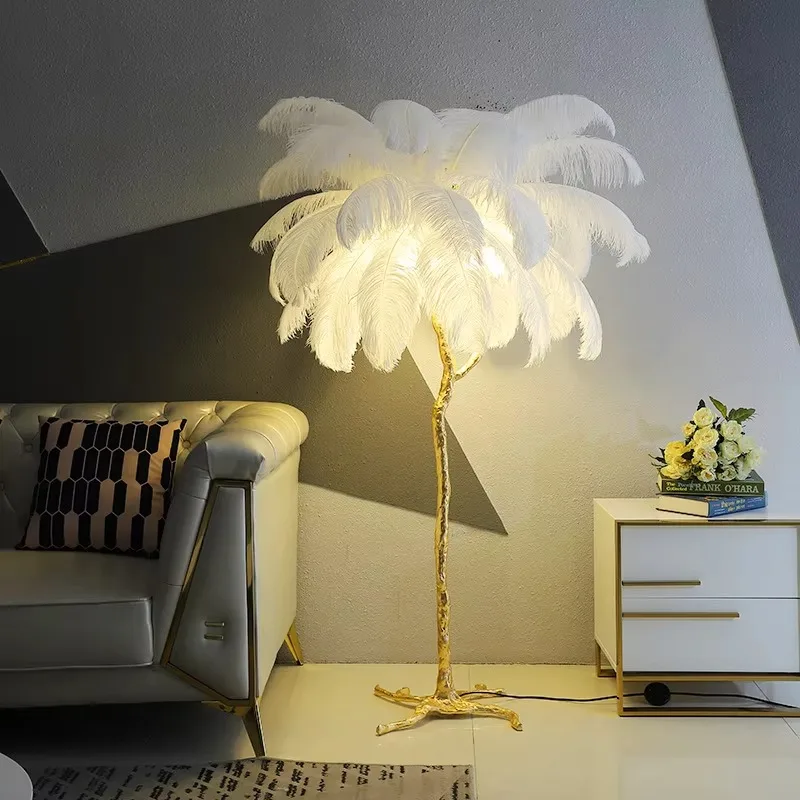 Feather Emitting Diode Floor Lamp - Modern Luxury Ostrich Bronze Resin Blue Shade - Large Living Room and Bedroom Home Decor