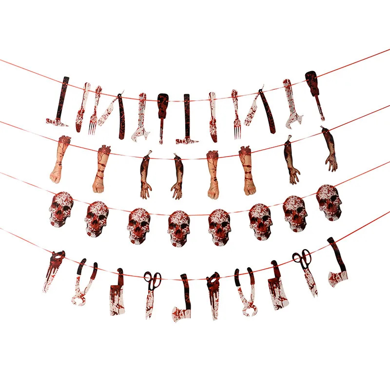 

Halloween Banner Bloody Hands Knives Saws Skulls Halloween Party Background Scary Atmosphere Haunted House Home Hanging Decor