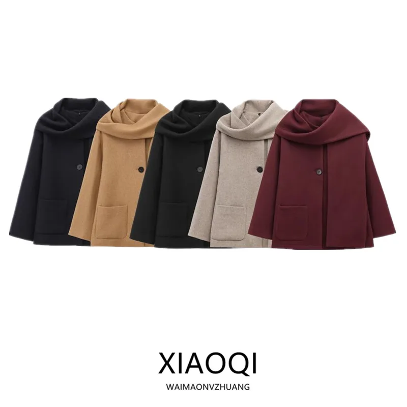 

Winter 2024 Women's Mixed Fiber Coat with Scarf round Ne Long Sve Outerwear Faionable Versatile Loose Fit Regular Length