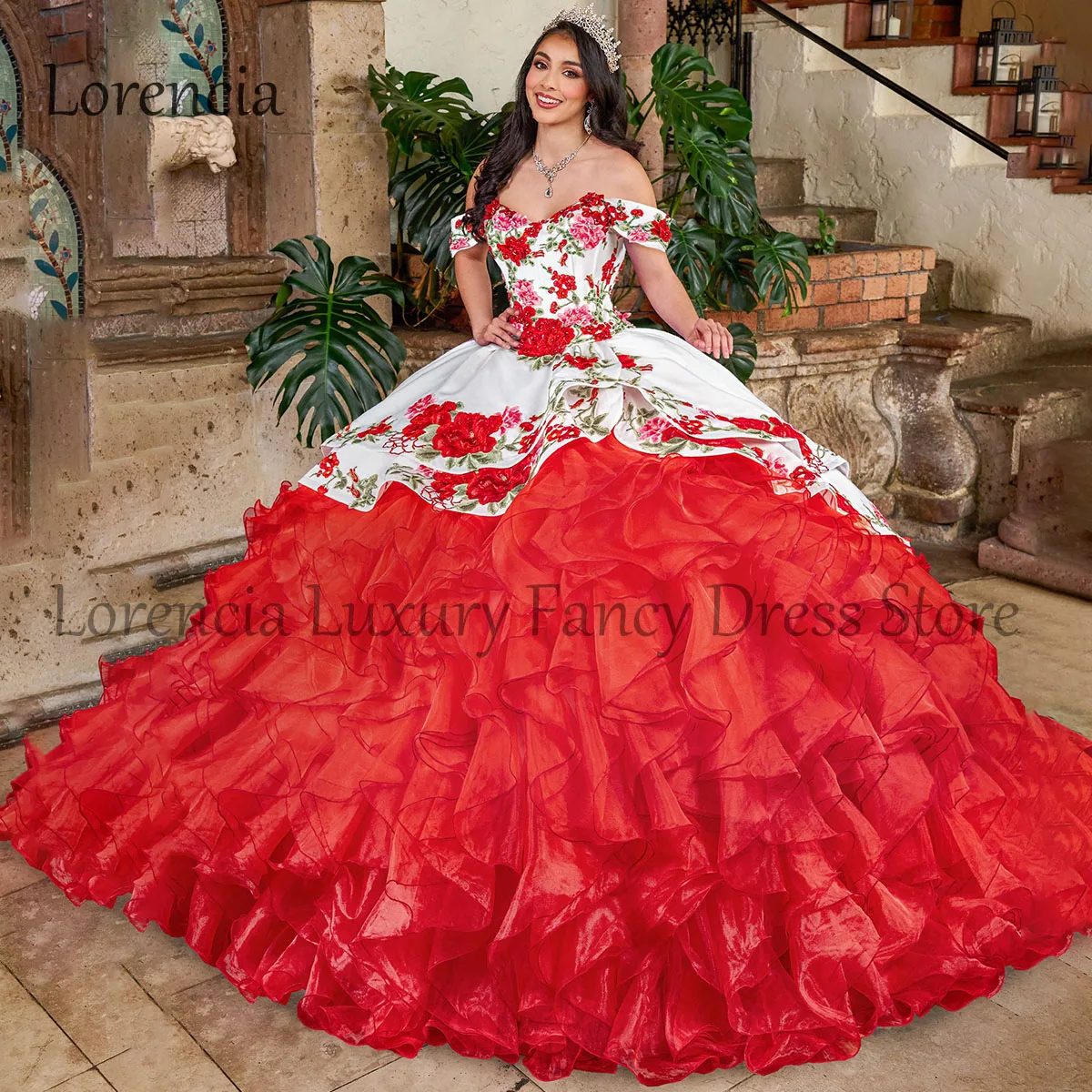 Mexikanische Quince anera Kleid Ballkleid von der Schulter Applikation Rüschen Perlen Rüschen Korsett süß 16 formale Vestidos de 15 Años