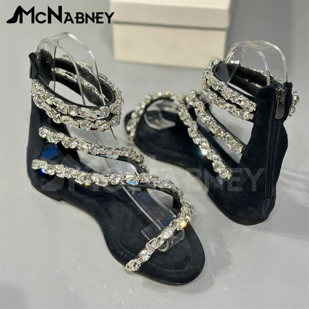 Black Crystal Rhinestone Sandals Suede Luxury Summer Flats Silver Rhinestone Zipper Sandals Custom Colors Round Toe Women Shoes