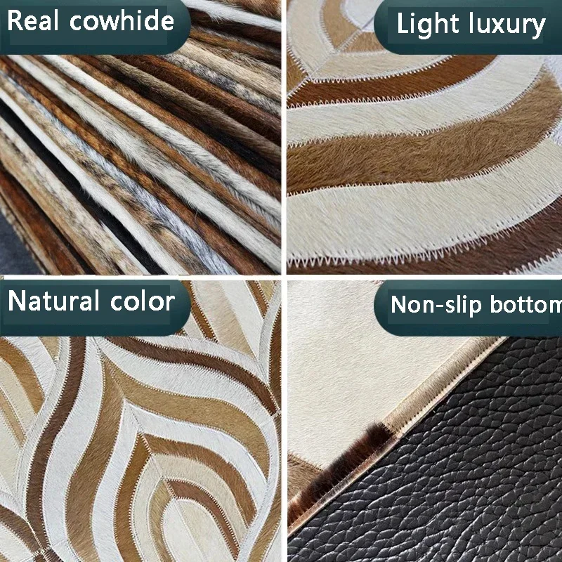 

American Style Peacock Pattern Real Cowhide Skin Patchwork Carpet with Short Fur, Tan Cowhide Leather Rug Can Customized Size