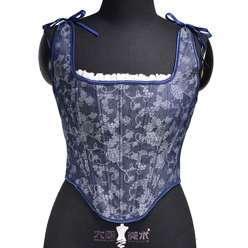 

Denim Jacquard Rose Floral Women's Renaissance Lace Up Vintage Boned Bustier Corset