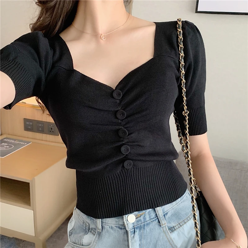 

Women Vintage Summer Chic Puff Sleeve Cropped Tops Ladies Sexy T-shirts V-Neck Single Breasted Slim Knitted Tshirt Streetwear