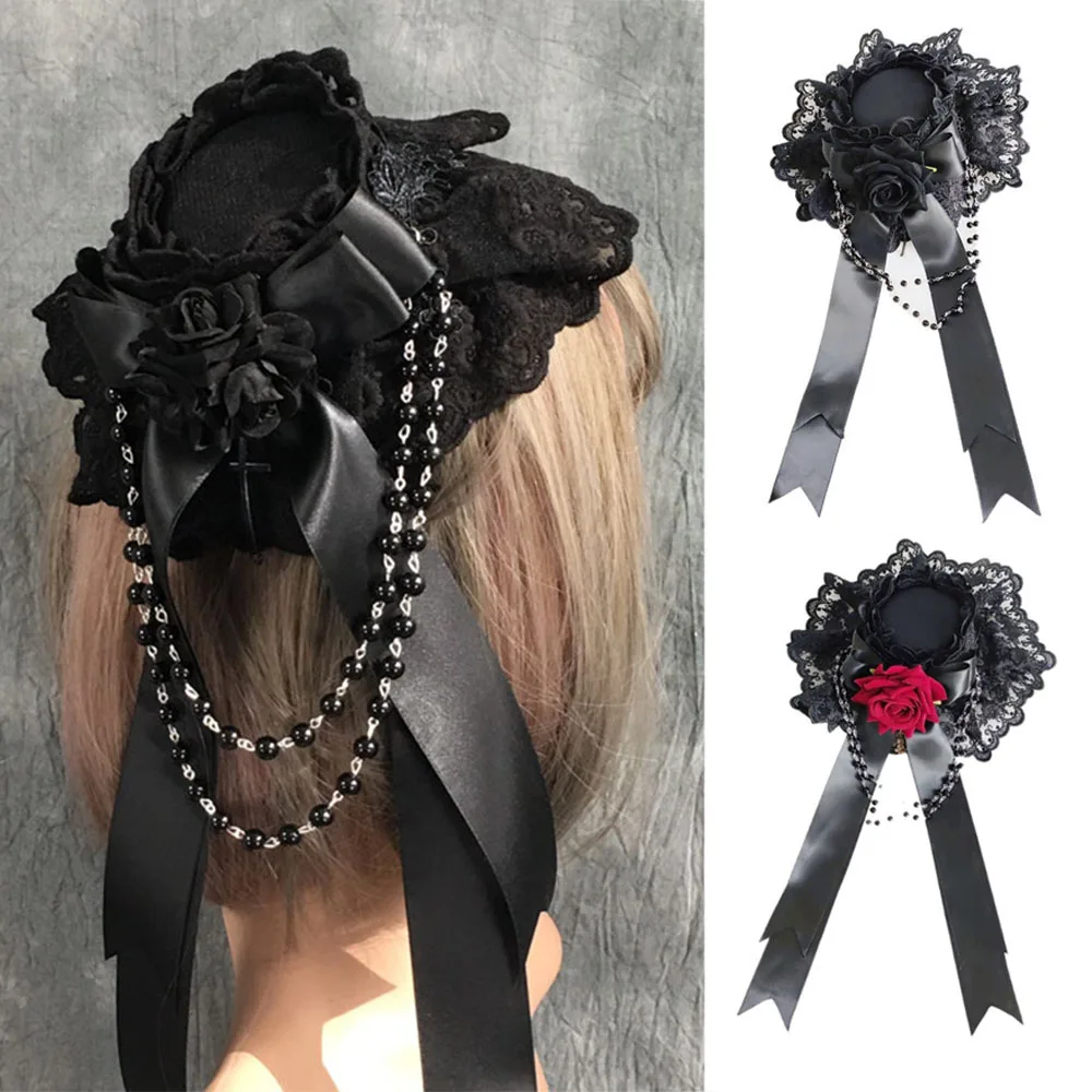 Lolita Side Clip Mini Top Hat Lace Gorgeous Hair Accessories Dark Gothic Roses Cap Halloween Photo Punk Novelties Hair Clip