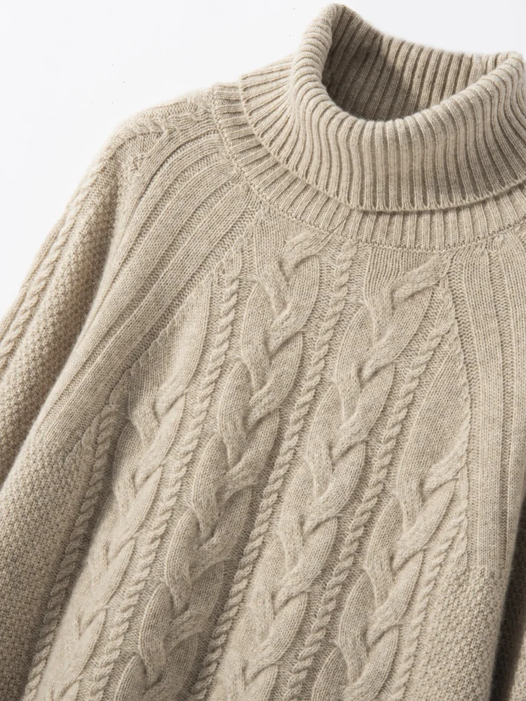 

Women's Turtleneck Sweater Cashmere Twist Flower Pullover Autumn Winter Raglan Sleeve Thick 100% Cashmere Knitwear Warm Clothing