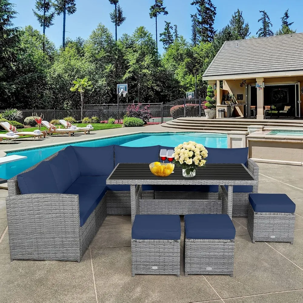 Juego de muebles de mimbre para Patio, juego de sofá de mimbre para exteriores con mesa de comedor y otomanos, cojines suaves para jardín trasero, 7 Uds.