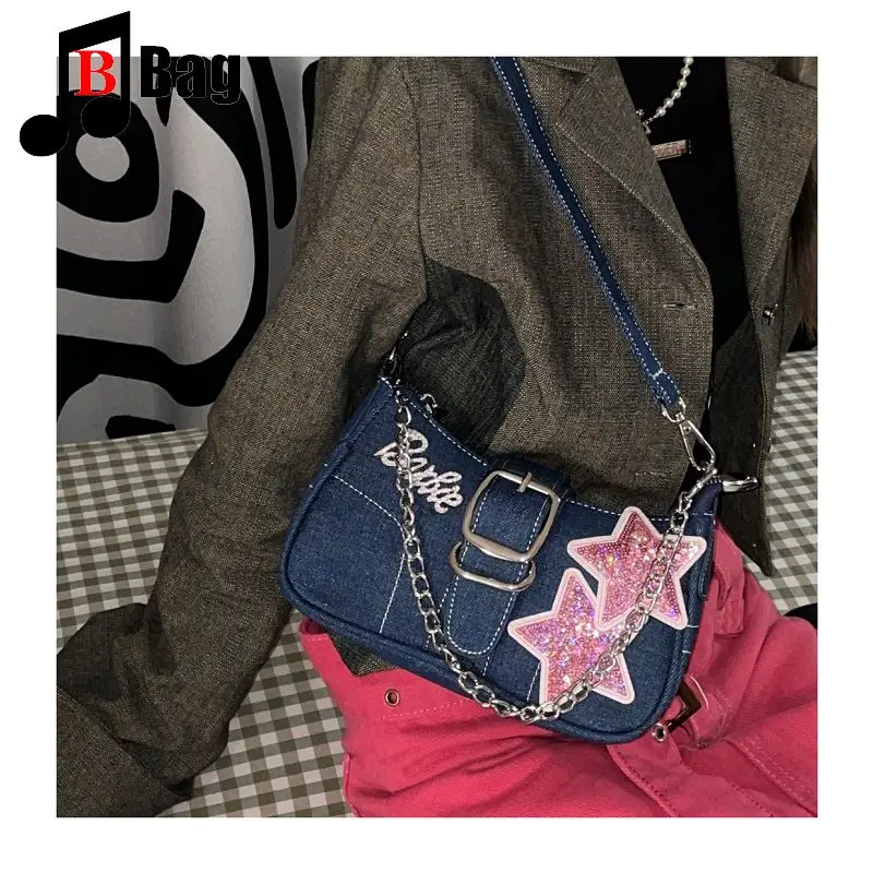 Bolsa de nicho para mulheres, bolsa de axilas Cowboy Spice, gótica de um ombro, corrente Harajuku, bolsa crossbody doce e picante, estrela Y2K