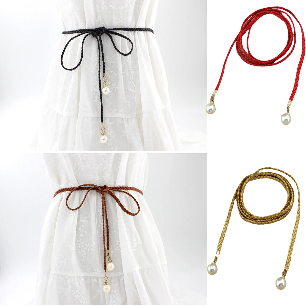 

Leather Hemp Rope Braid Waist Belt Girls 6 Colors Simplicity Summer Waistband for DressElegant Pearl Thin Belts Women Long