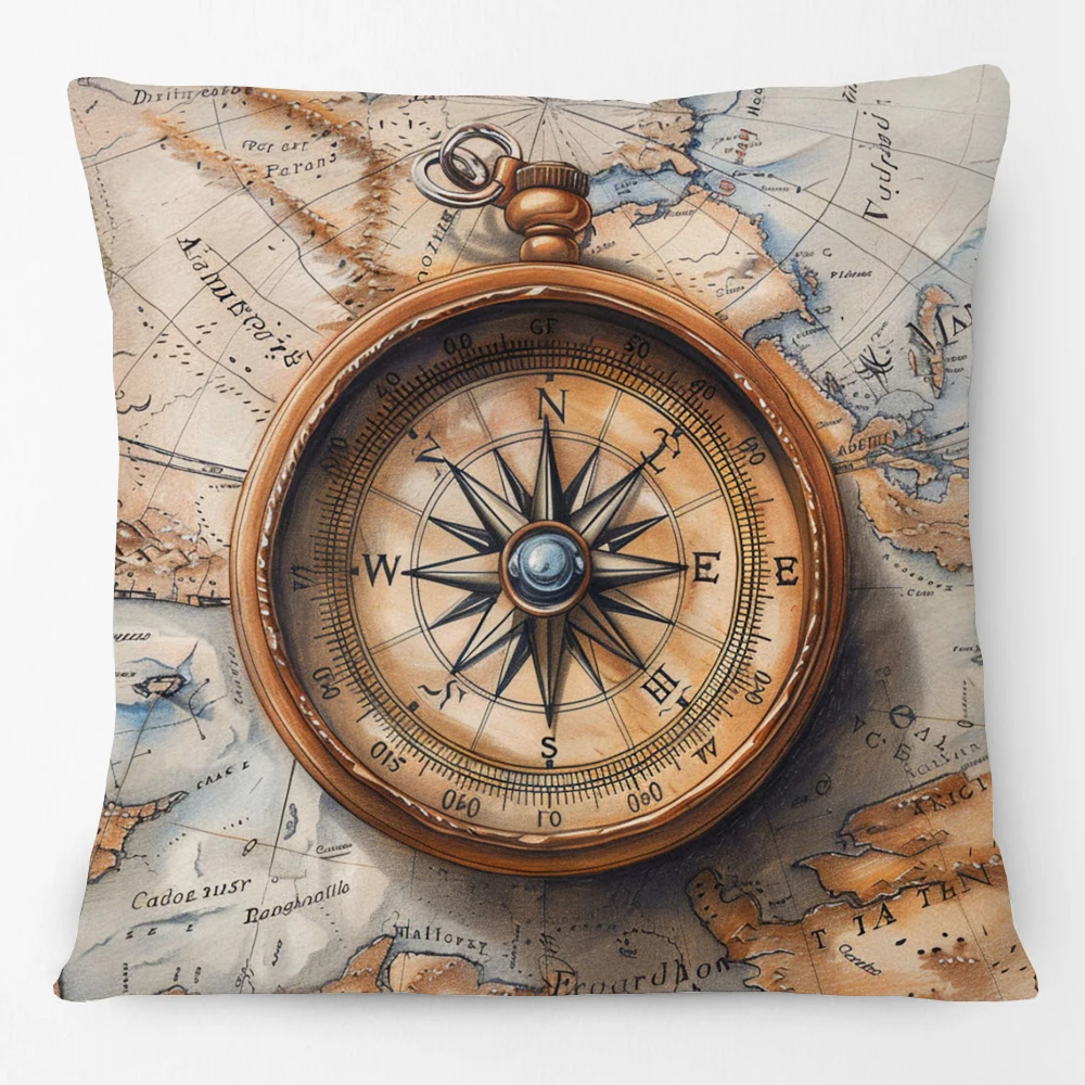 European Vintage Style Sea Ocean Compass and Map Cushion Cover Pillow Case