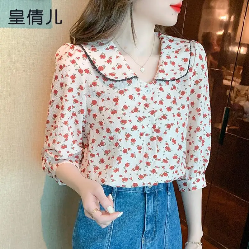 Cropped Sleeves Retro Floral เสื้อชีฟองผู้หญิงใหม่ตุ๊กตาคอหลวมและ Slim Temperament