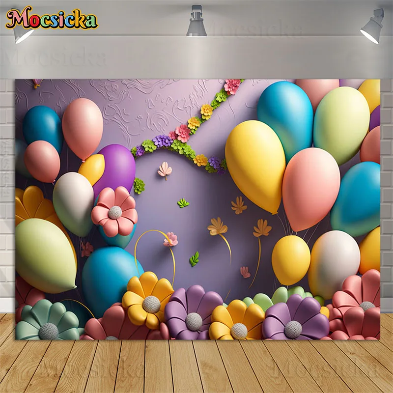 

Colorful Balloons Flowers Newborn 1st Birthday Photography Background Purple Wall Decor Props Baby Portrait Cake Smash Backdrops