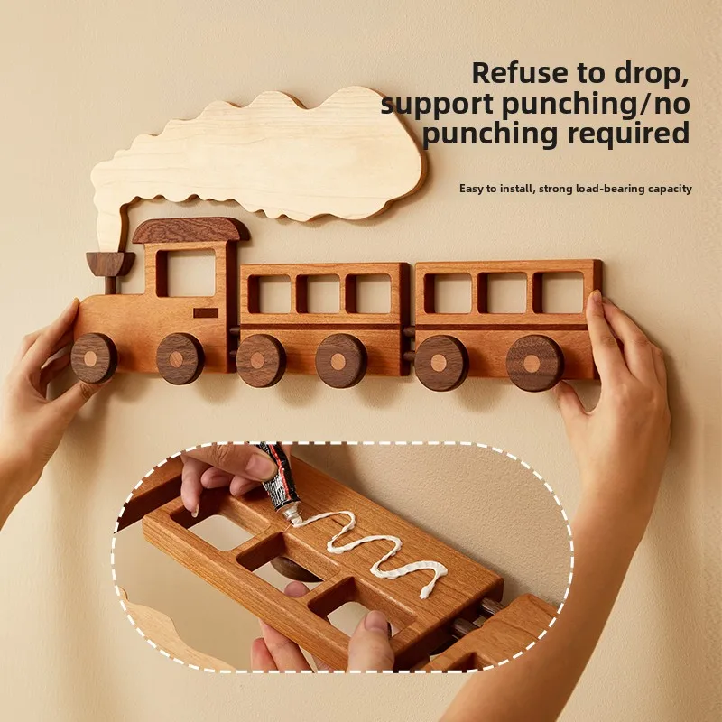 

Train-Themed Wall Hooks Solid Wood Coat Rack for Kids Room Creative Cartoon Entryway Decor No Punching Kid's Clothes Organizer