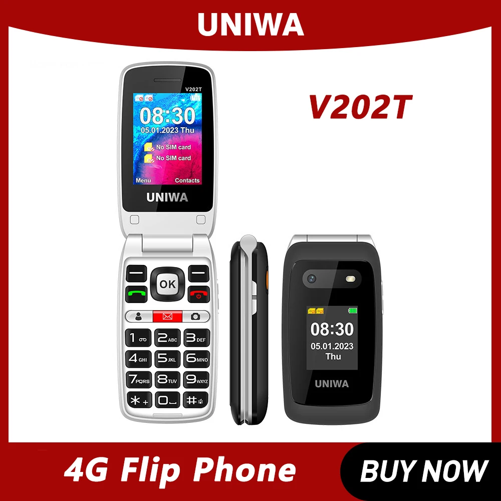 UNIWA V202T 4G Flip Feature Phone Fashion Dual Screen Big Push-Button Flip Mobile Phone for Elderly 1450mAh SOS Function Phone