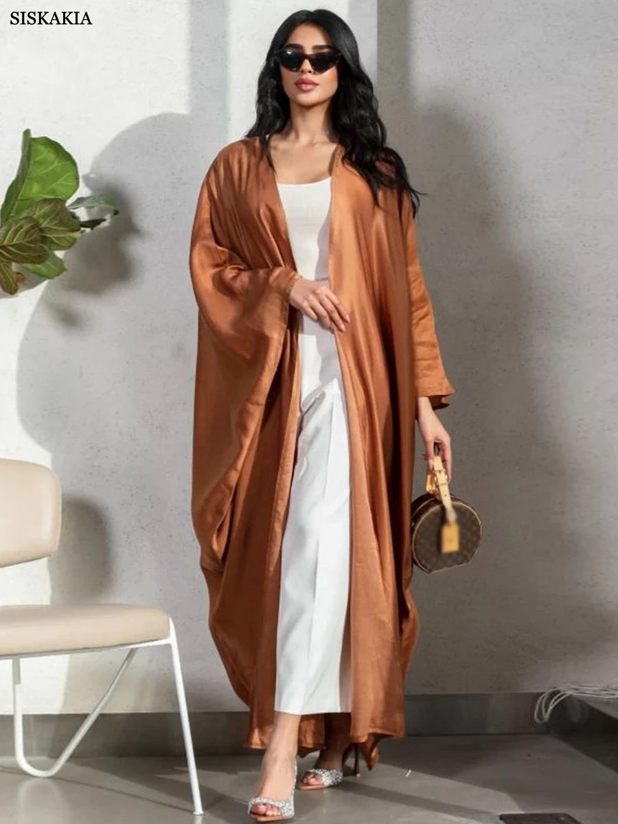 Siskakia Dubai Solid Open Abaya For Muslim Woman Batwing Sleeve Moroccan Saudi Cardigan Elegant Casual Loose Kaftan Fashion Robe