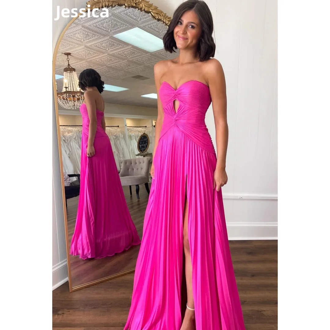 Jessica Hot Pink Prom Dresses Pleated Cut-out A-line Evening Dresses Sexy Side Slit Cocktail Dresses Party Dress Customized