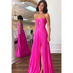 Jessica-vestidos de fiesta de color rosa intenso, vestidos de noche plisados recortados, corte en A, vestidos de cóctel sexis con abertura lateral, vestido de fiesta personalizado