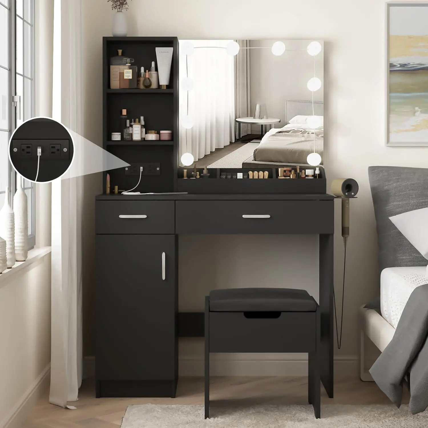 

Makeup Vanity Desk with Lighted Mirror & Power Strip,Black Vanity Table Set with Lights and Lots Storage,2 Drawer Makeup Table,3