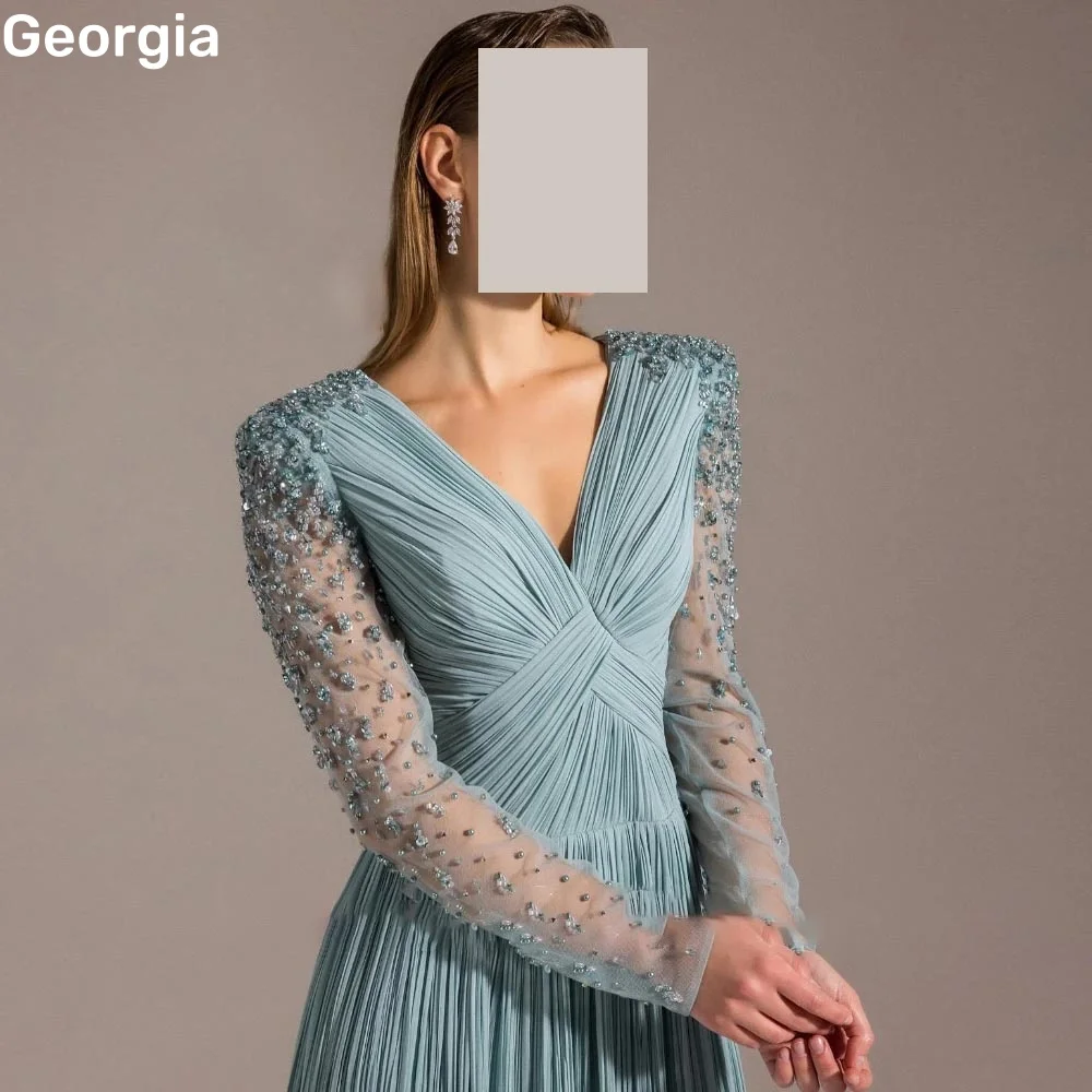 Beaded Customize فساتين سهرة A-Line Deep V-Neck Floor-Length Zipper Up Dress Women Elegant Luxury Long Sleeves Elegant Dresses